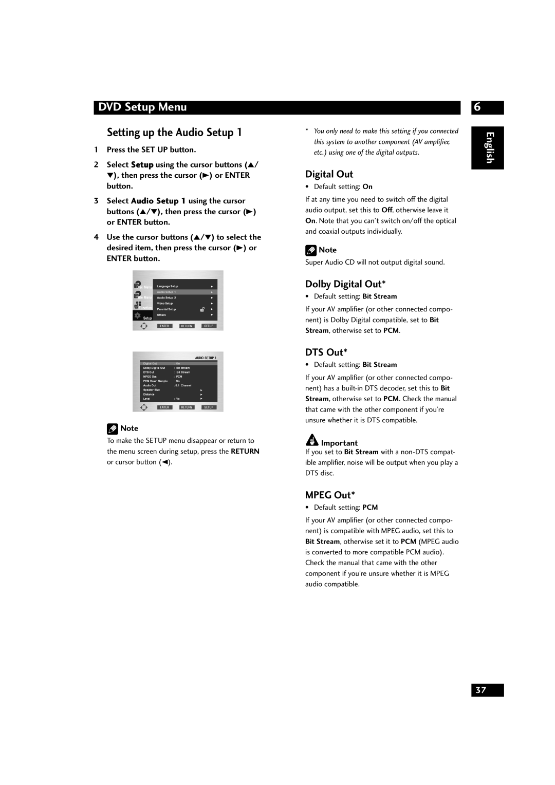 Marantz DV9500 manual Setting up the Audio Setup, Dolby Digital Out, DTS Out, Mpeg Out 