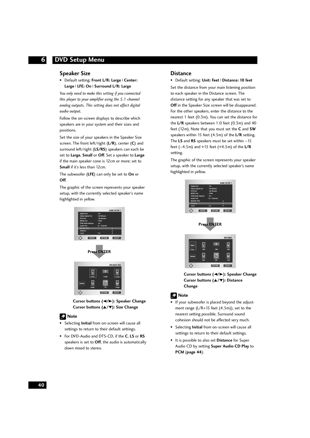 Marantz DV9500 manual Speaker Size, Distance, Subwoofer LFE can only be set to On or, Off 
