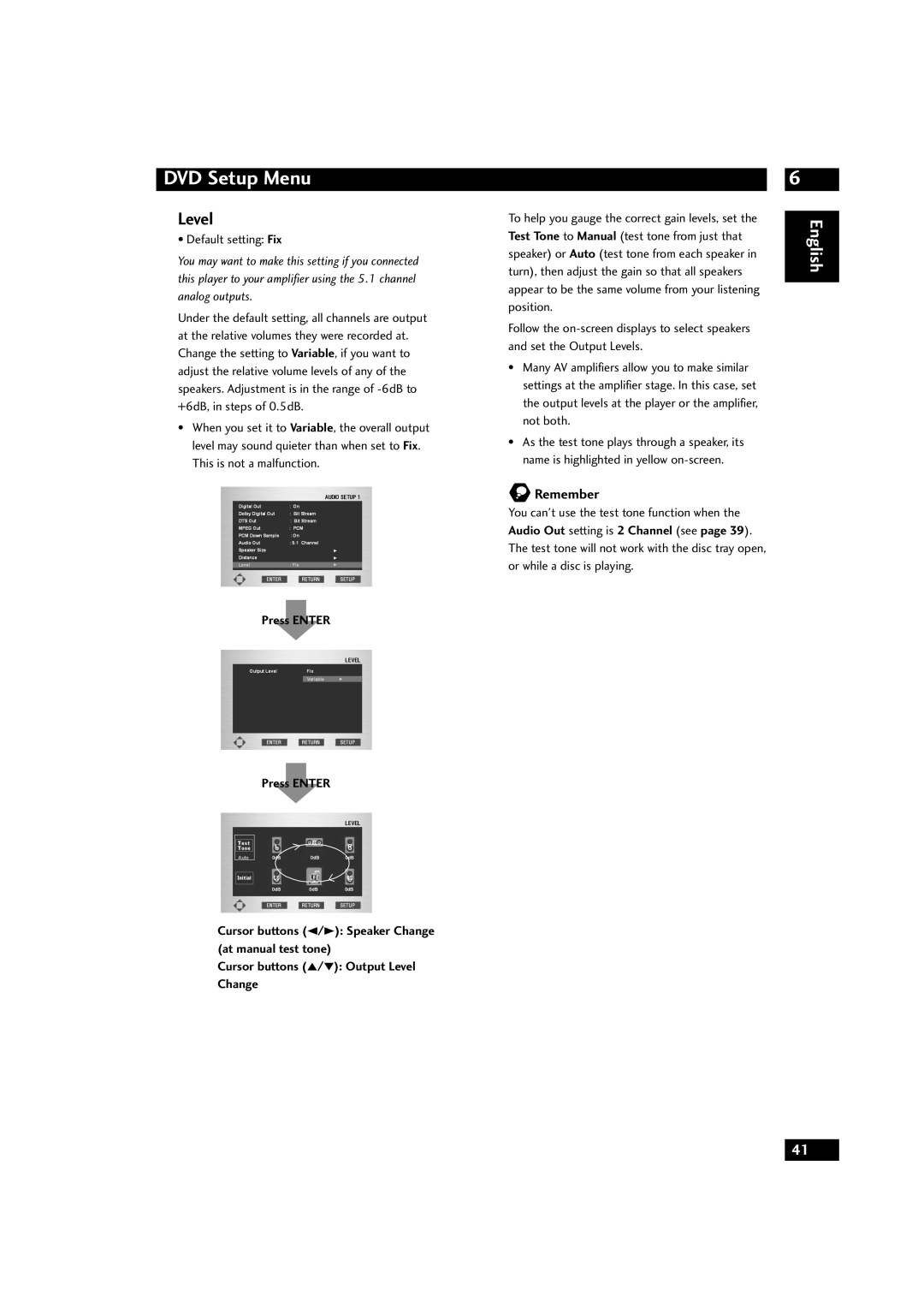 Marantz DV9500 manual Level, Remember, Default setting Fix 