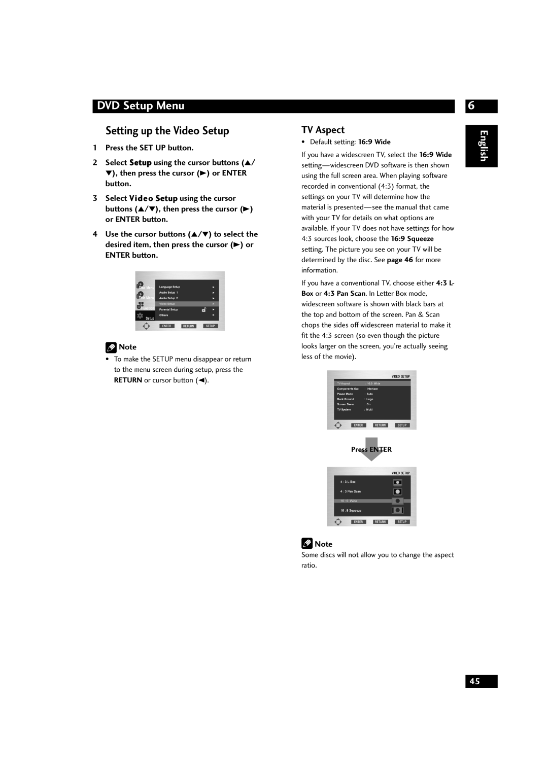 Marantz DV9500 manual Setting up the Video Setup, TV Aspect, Default setting 169 Wide 