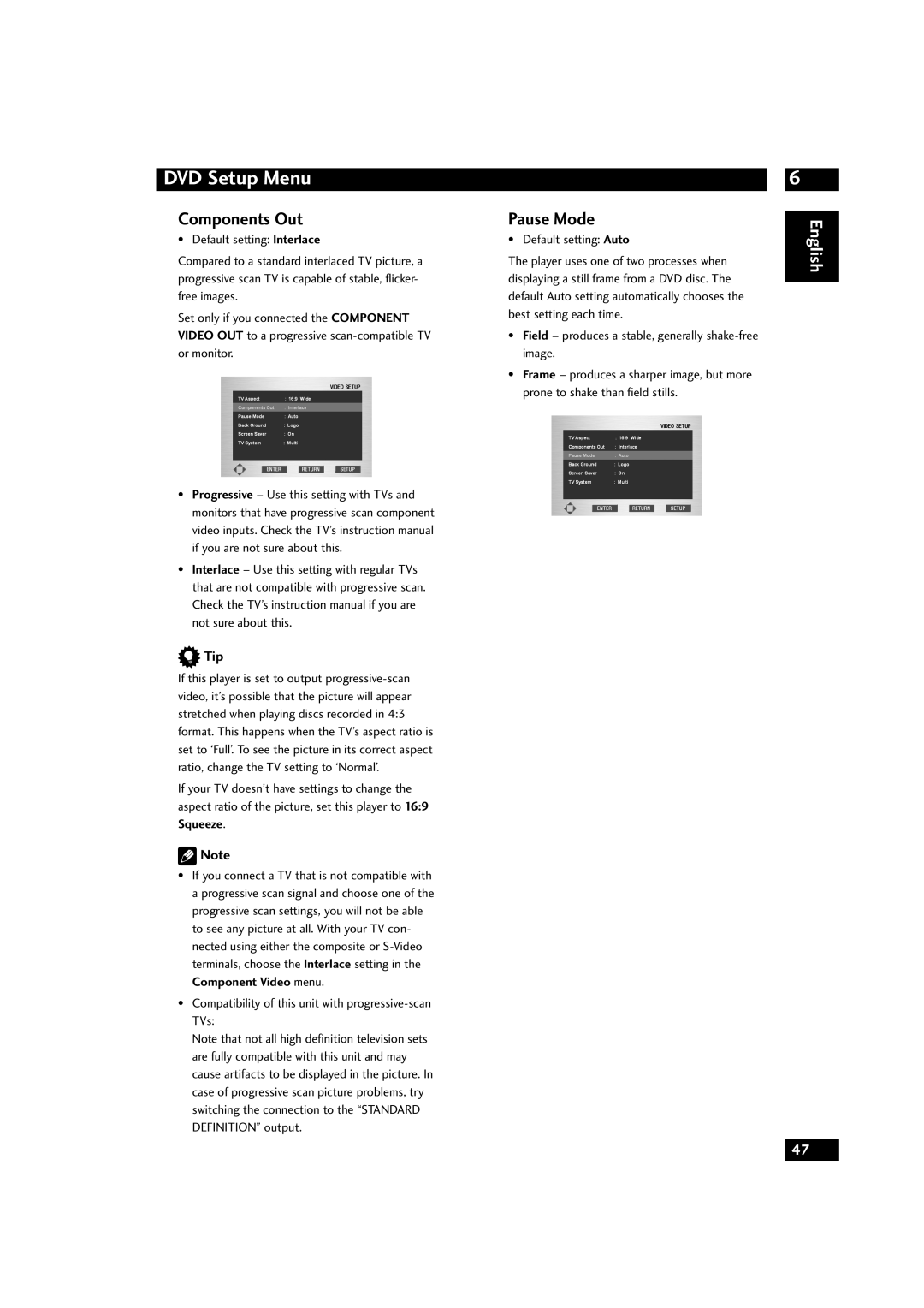 Marantz DV9500 manual Components Out, Pause Mode, Compatibility of this unit with progressive-scan TVs 