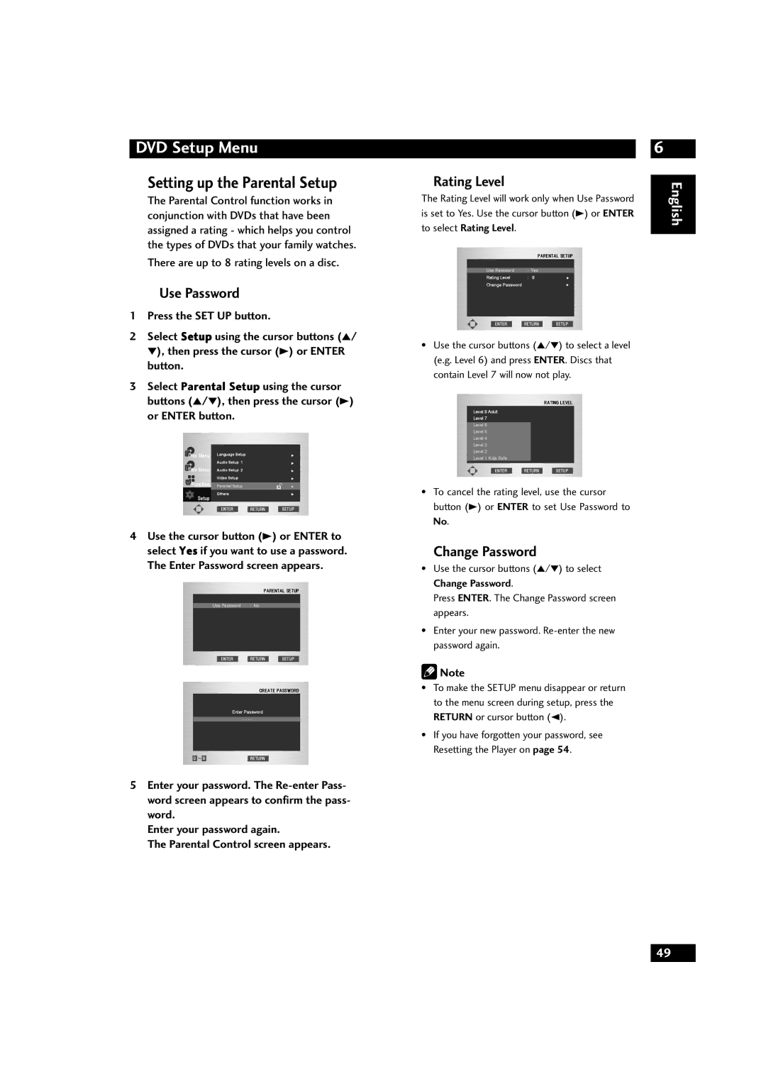 Marantz DV9500 manual Setting up the Parental Setup, Use Password, Rating Level, Change Password 