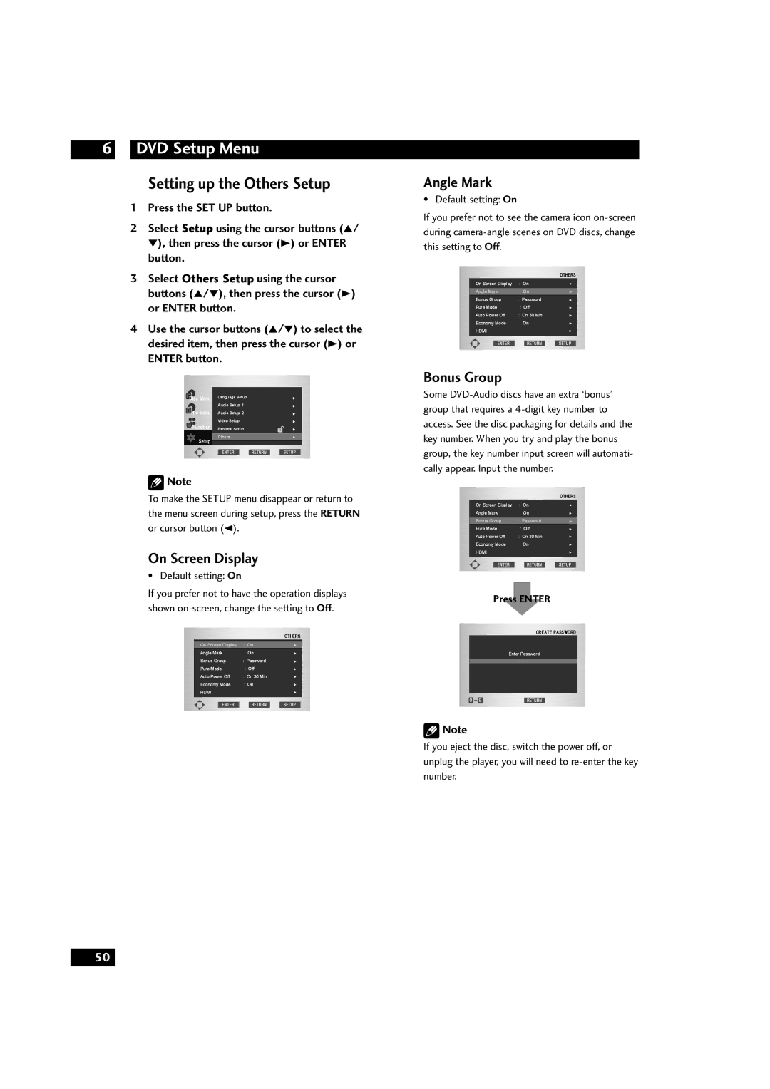 Marantz DV9500 manual Setting up the Others Setup, On Screen Display, Angle Mark, Bonus Group 