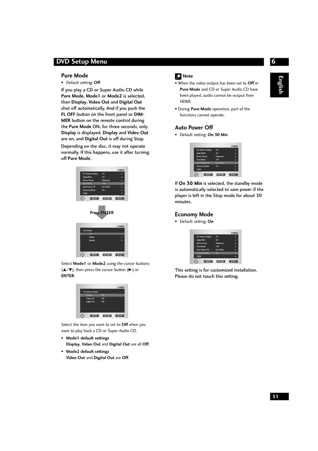 Marantz DV9500 manual Auto Power Off, Economy Mode, Pure Mode, Mode1 or Mode2 is selected, Default setting On 30 Min 