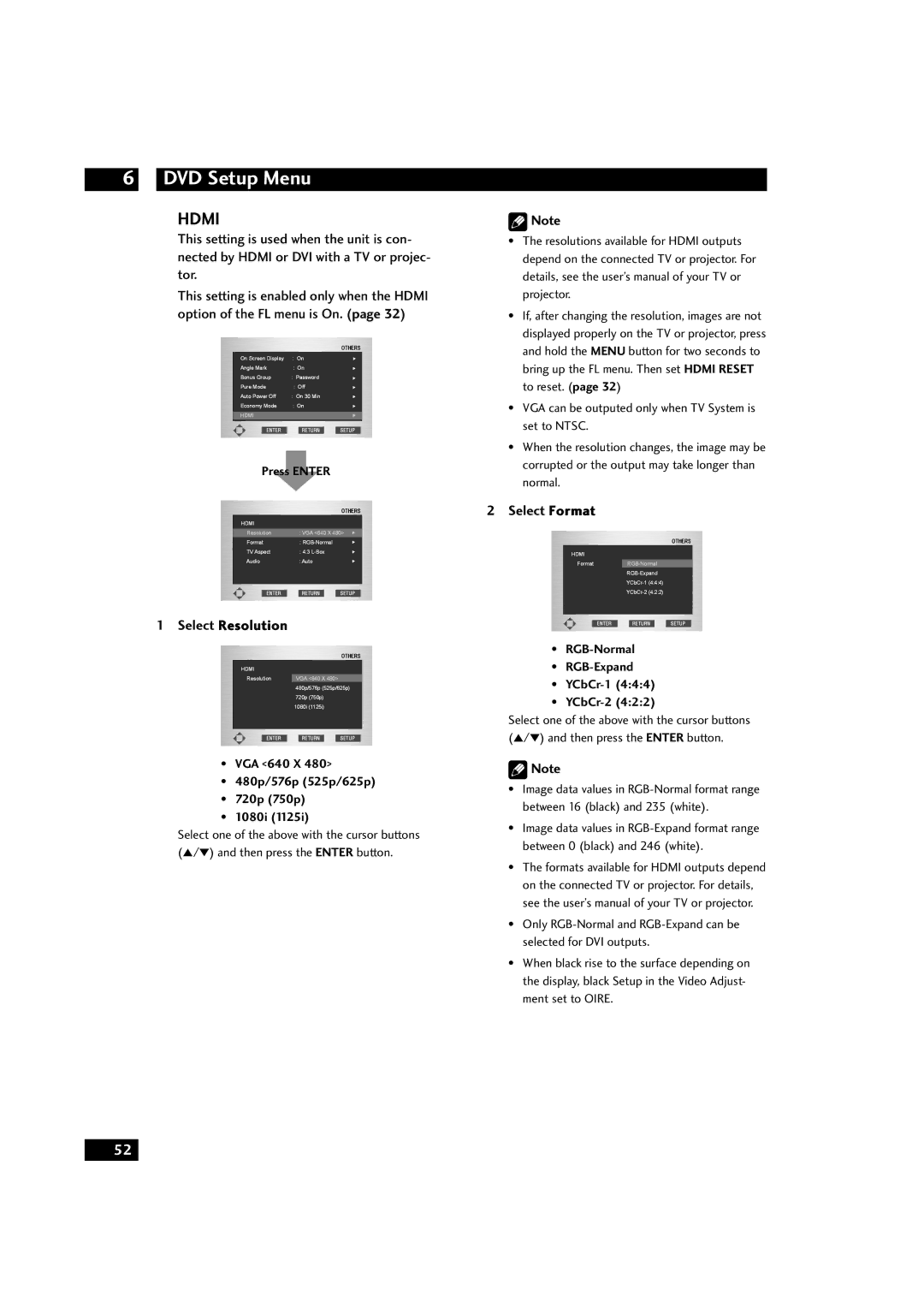 Marantz DV9500 manual Select Resolution, Select Format, VGA 640 X 480p/576p 525p/625p 720p 750p 1080i 