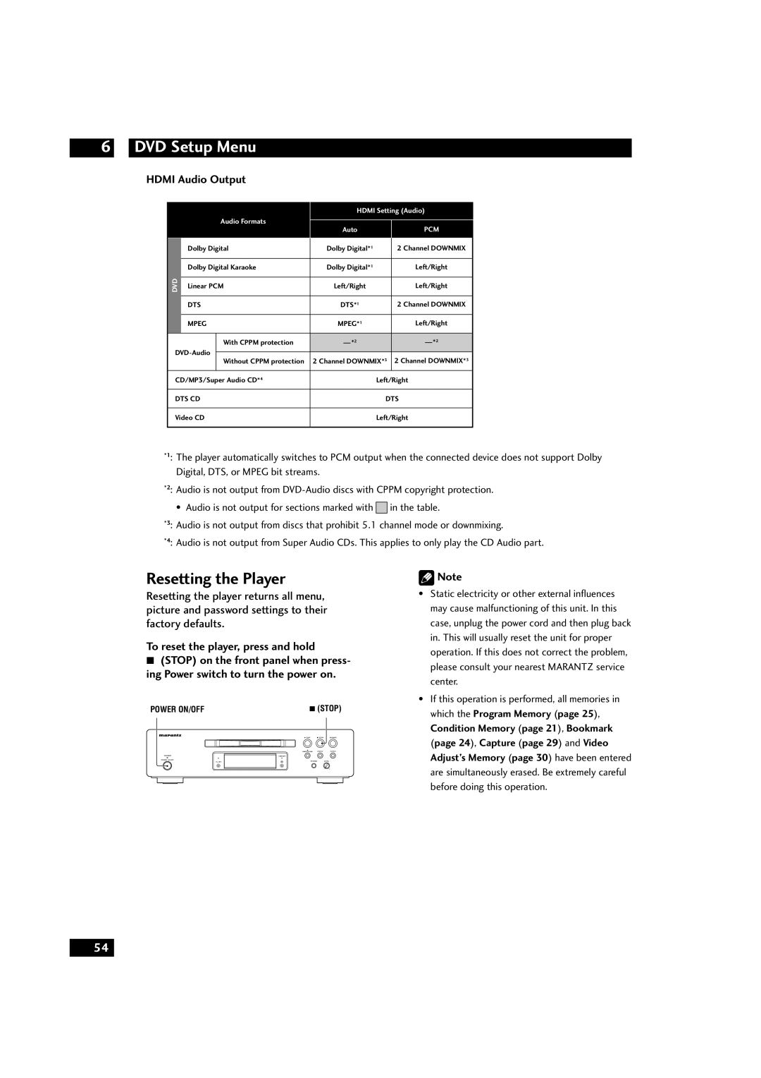 Marantz DV9500 manual Resetting the Player, Hdmi Audio Output, To reset the player, press and hold 