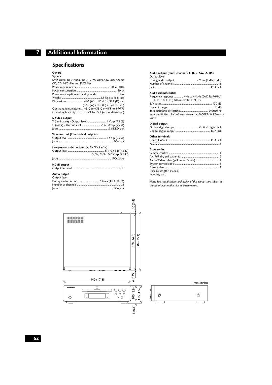 Marantz DV9500 manual Specifications, General 