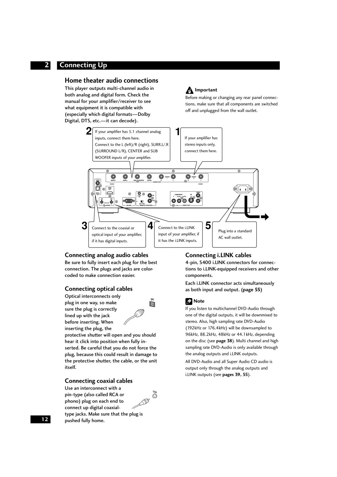 Marantz DV9600 Home theater audio connections, Connecting analog audio cables, Connecting optical cables, Connecting Up 