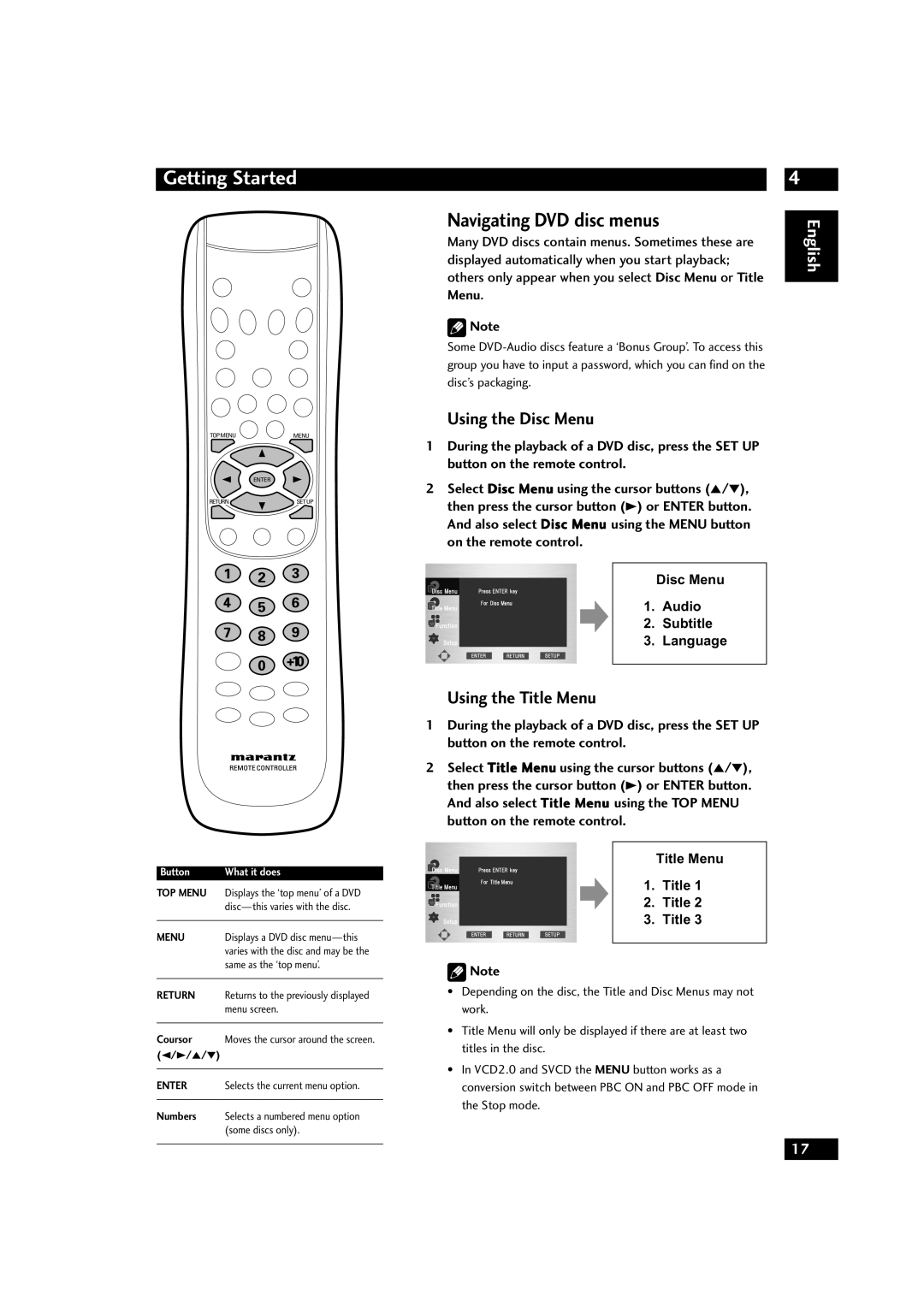 Marantz DV9600 manual Navigating DVD disc menus, Using the Disc Menu, Using the Title Menu, Getting Started, English 