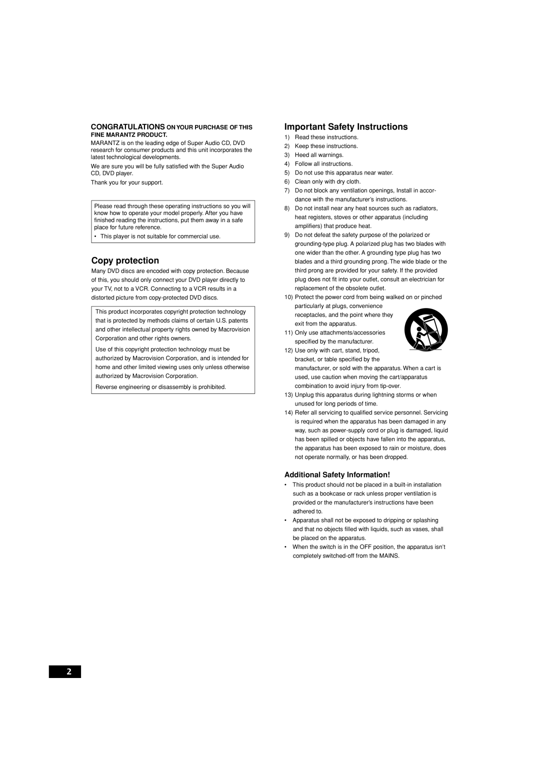 Marantz DV9600 manual Copy protection, Important Safety Instructions, Additional Safety Information 