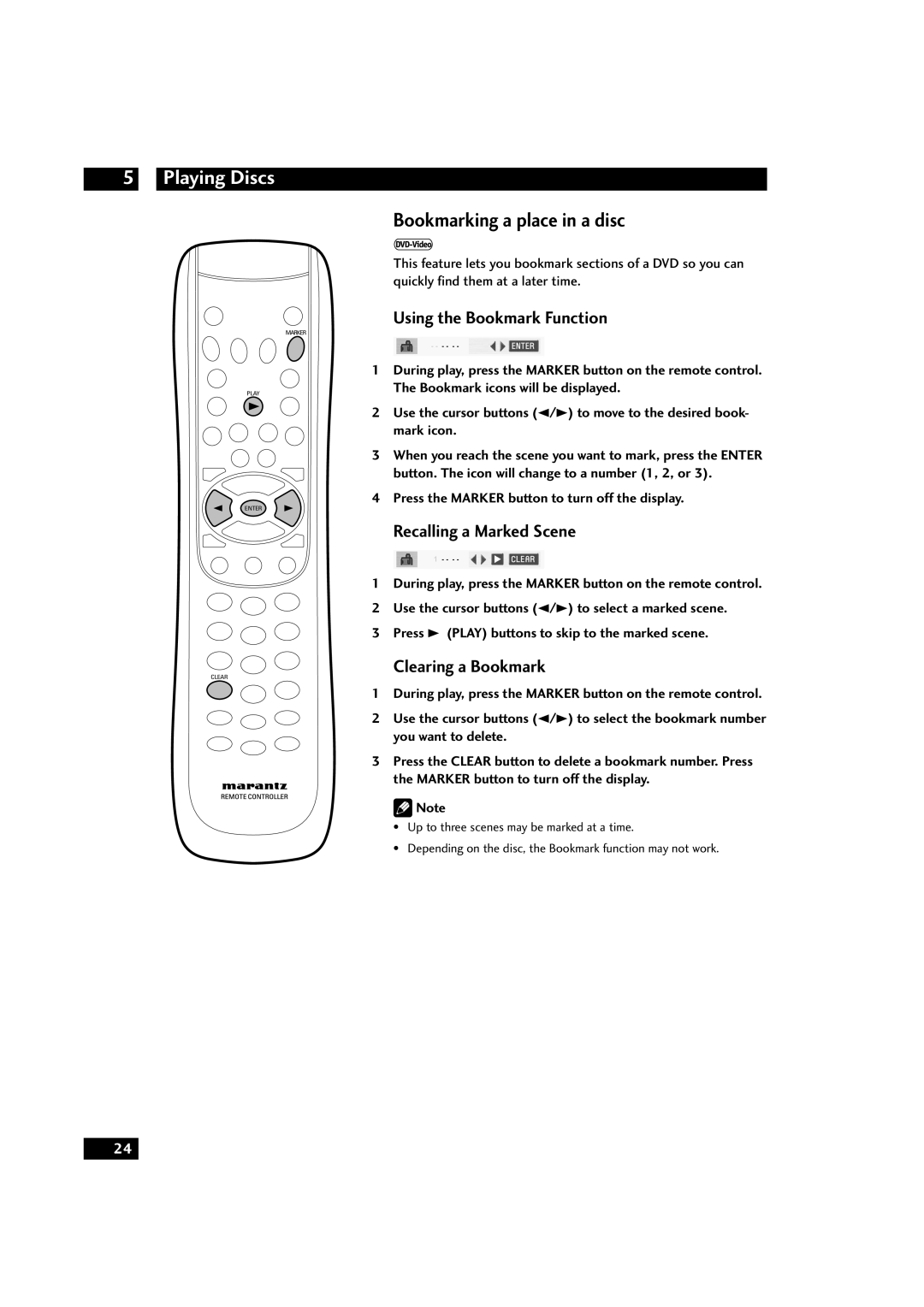Marantz DV9600 Bookmarking a place in a disc, Using the Bookmark Function, Recalling a Marked Scene, Clearing a Bookmark 