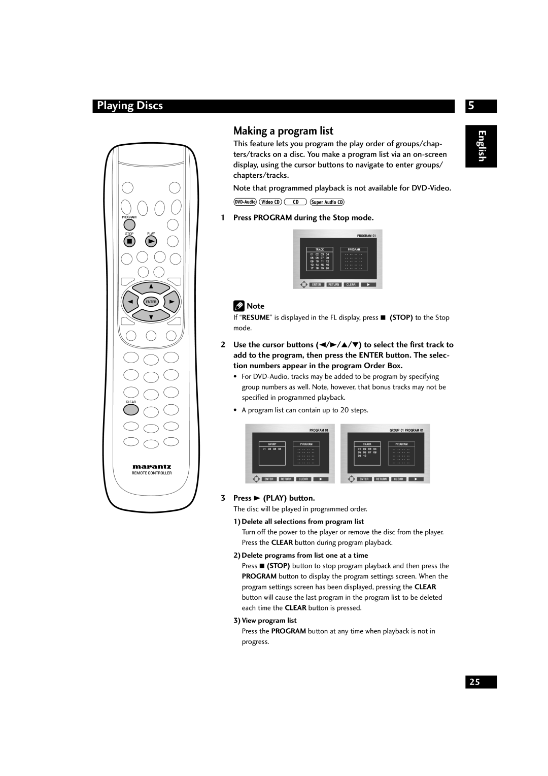 Marantz DV9600 Making a program list, Press PROGRAM during the Stop mode, Press 3 PLAY button, Playing Discs, English 