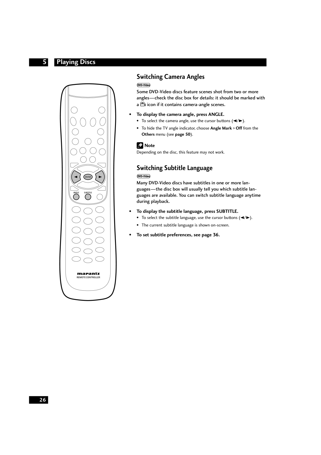 Marantz DV9600 manual Switching Camera Angles, Switching Subtitle Language, To display the camera angle, press ANGLE 