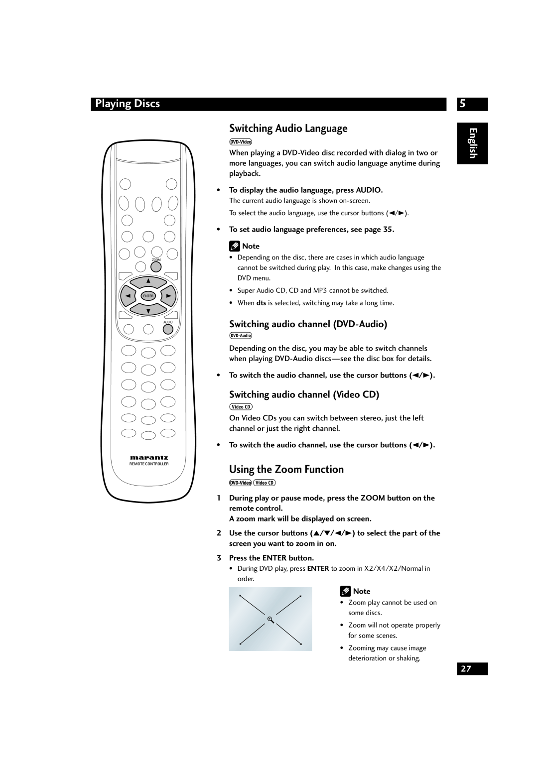 Marantz DV9600 manual Switching Audio Language, Using the Zoom Function, Switching audio channel DVD-Audio, Playing Discs 