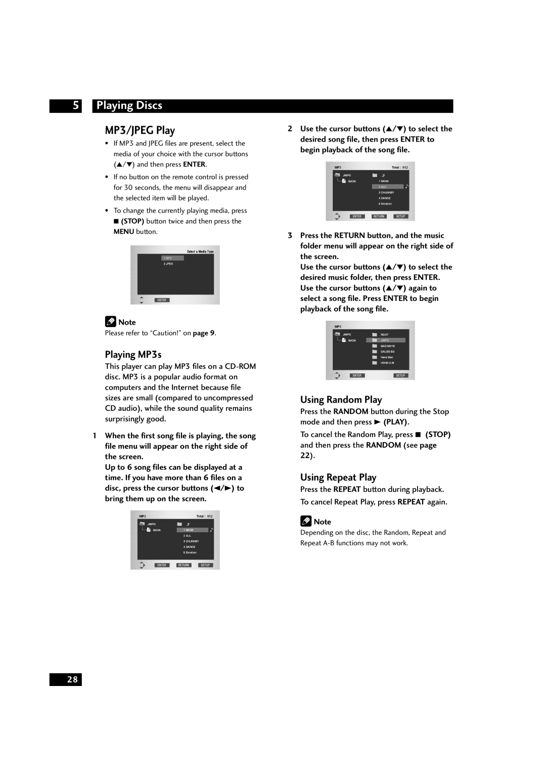 Marantz DV9600 manual MP3/JPEG Play, Playing MP3s, Using Random Play, Using Repeat Play, Playing Discs 