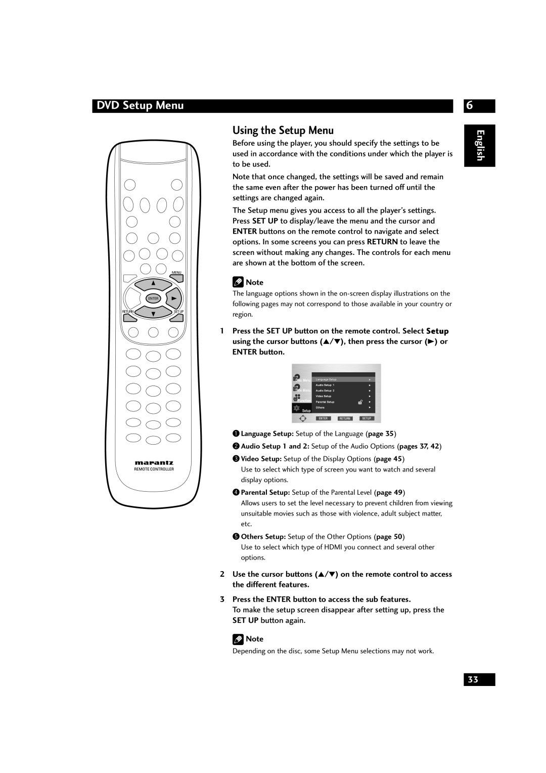 Marantz DV9600 manual Using the Setup Menu, Press the ENTER button to access the sub features, DVD Setup Menu, English 