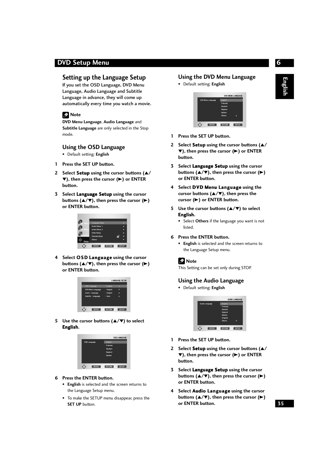 Marantz DV9600 Setting up the Language Setup, Using the OSD Language, Using the DVD Menu Language, Press the SET UP button 