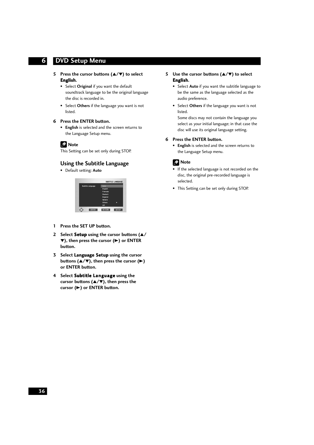 Marantz DV9600 manual Using the Subtitle Language, Press the cursor buttons 5/∞ to select English, DVD Setup Menu 