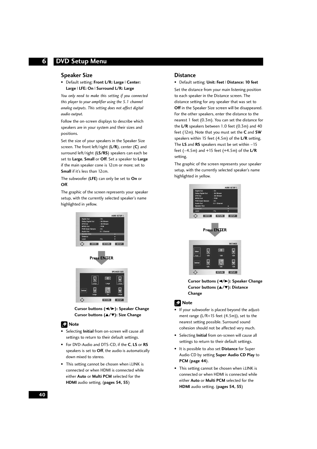 Marantz DV9600 manual Speaker Size, Distance, DVD Setup Menu, Default setting Front L/R Large Center 