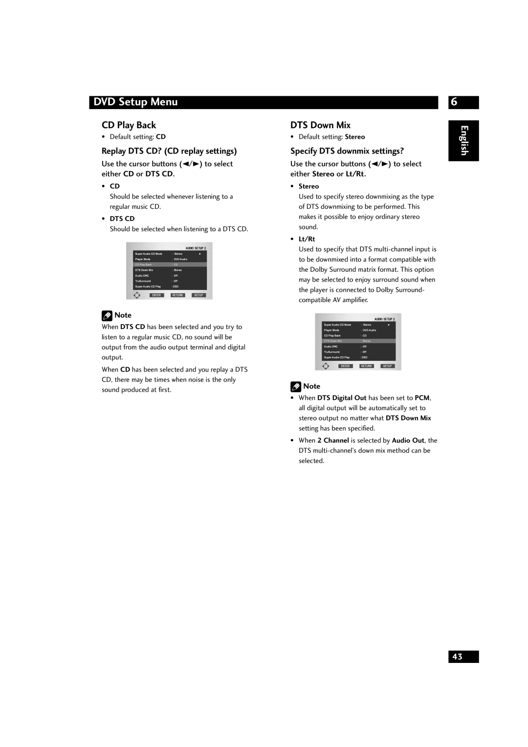 Marantz DV9600 manual CD Play Back, DTS Down Mix, Replay DTS CD? CD replay settings, either Stereo or Lt/Rt, DVD Setup Menu 