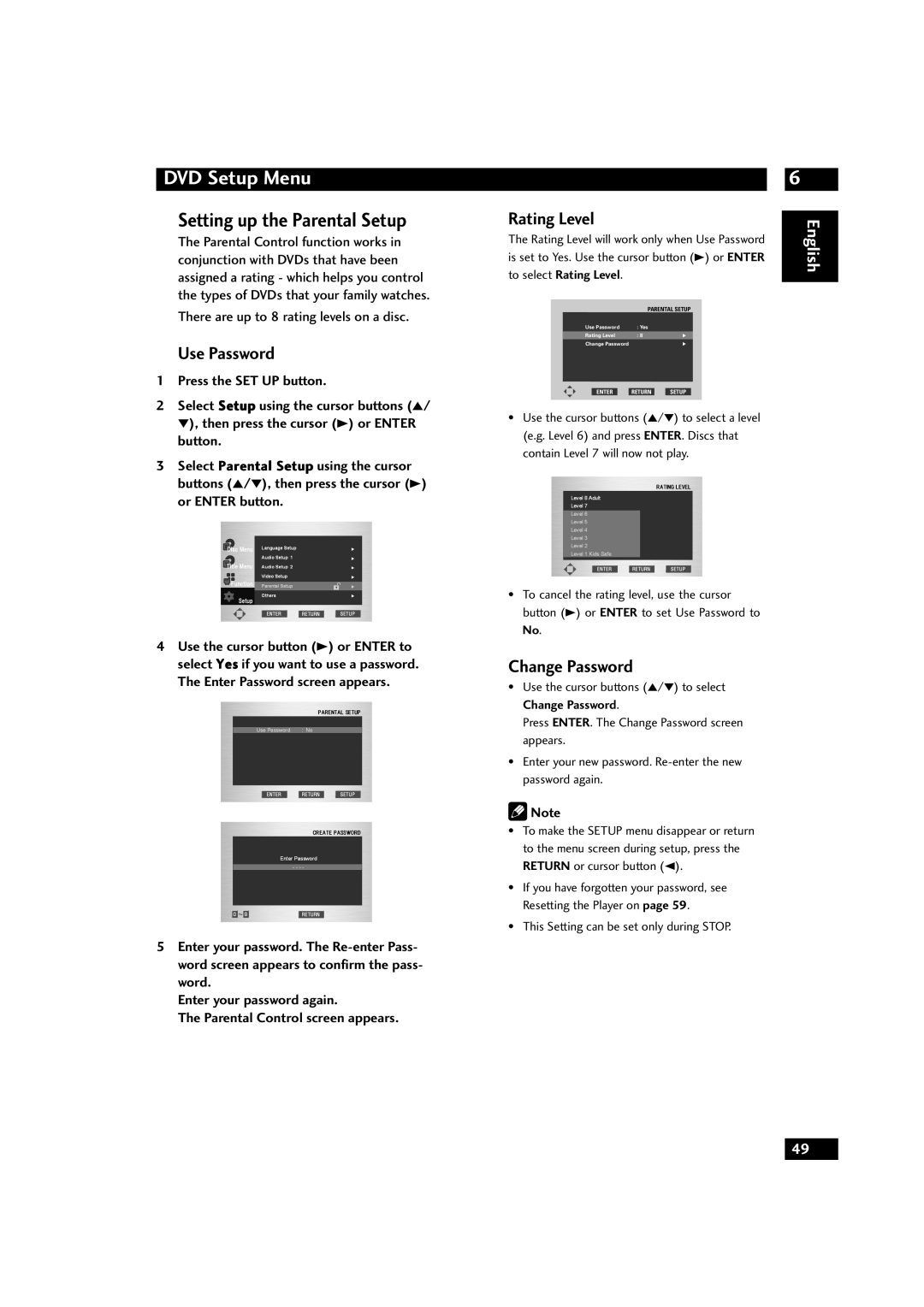 Marantz DV9600 manual Setting up the Parental Setup, Use Password, Rating Level, Change Password, DVD Setup Menu, English 