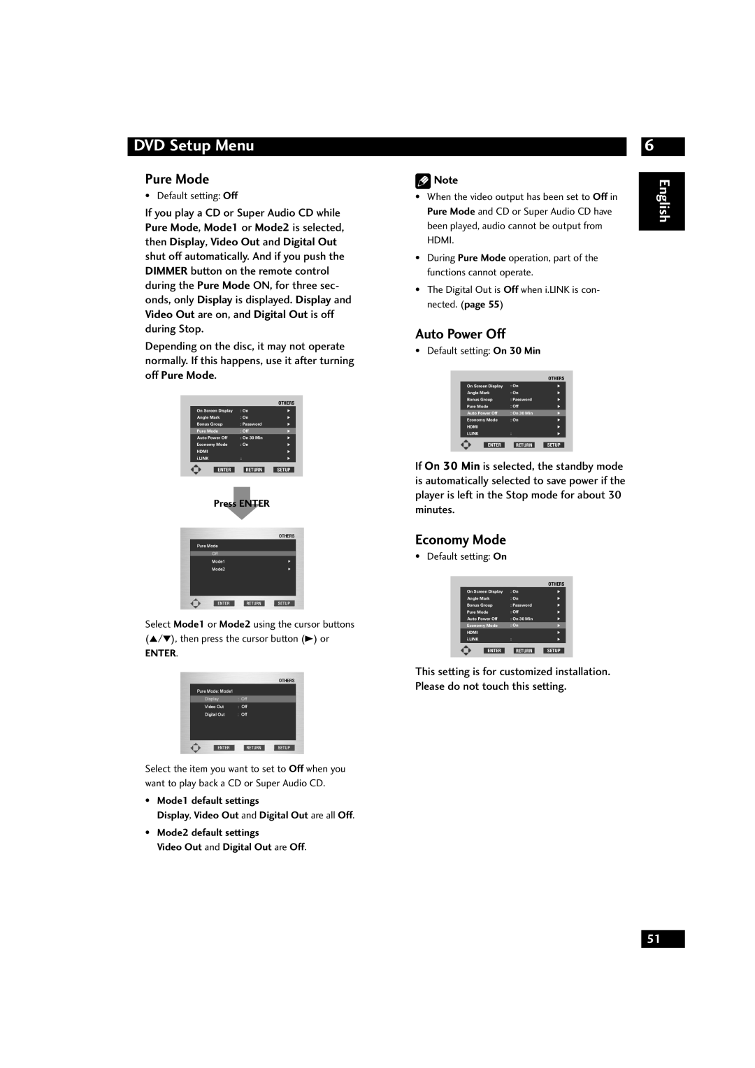 Marantz DV9600 manual Auto Power Off, Economy Mode, Pure Mode, Mode1 or Mode2 is selected, DVD Setup Menu, English 