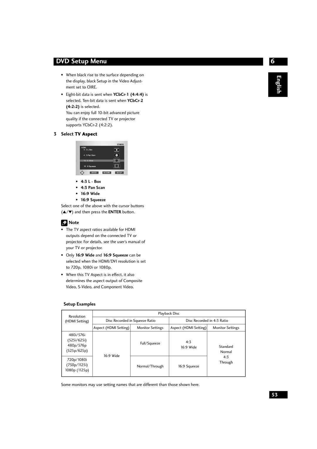 Marantz DV9600 manual Select TV Aspect, Setup Examples, DVD Setup Menu, English, L - Box 43 Pan Scan 169 Wide 169 Squeeze 