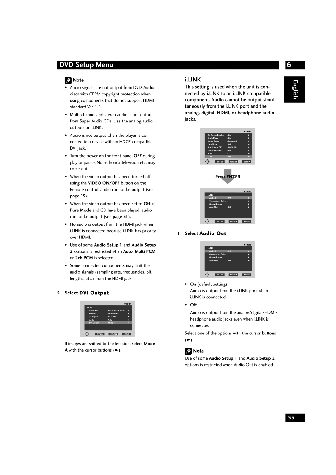 Marantz DV9600 manual i.LINK, Select DVI Output, Select Audio Out, DVD Setup Menu, English, Press ENTER 