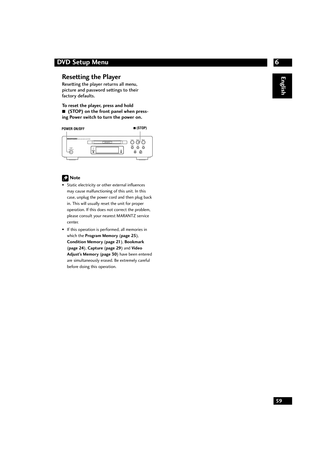 Marantz DV9600 manual Resetting the Player, To reset the player, press and hold, DVD Setup Menu, English 