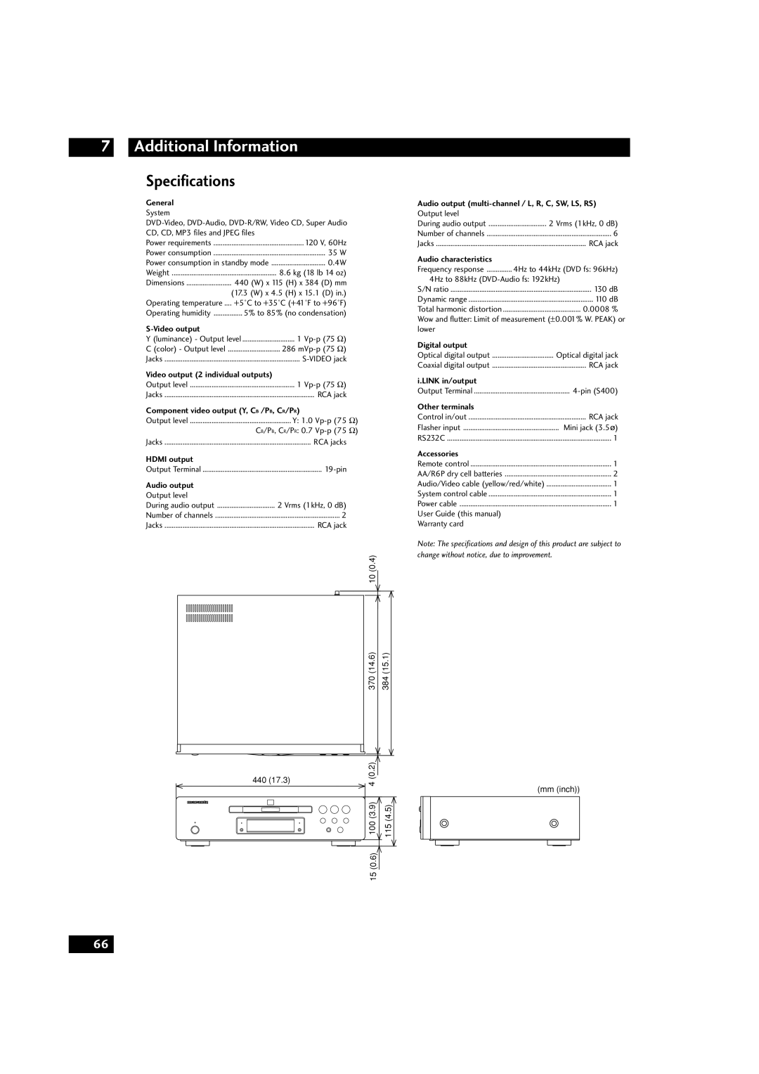Marantz DV9600 manual Specifications, Additional Information 