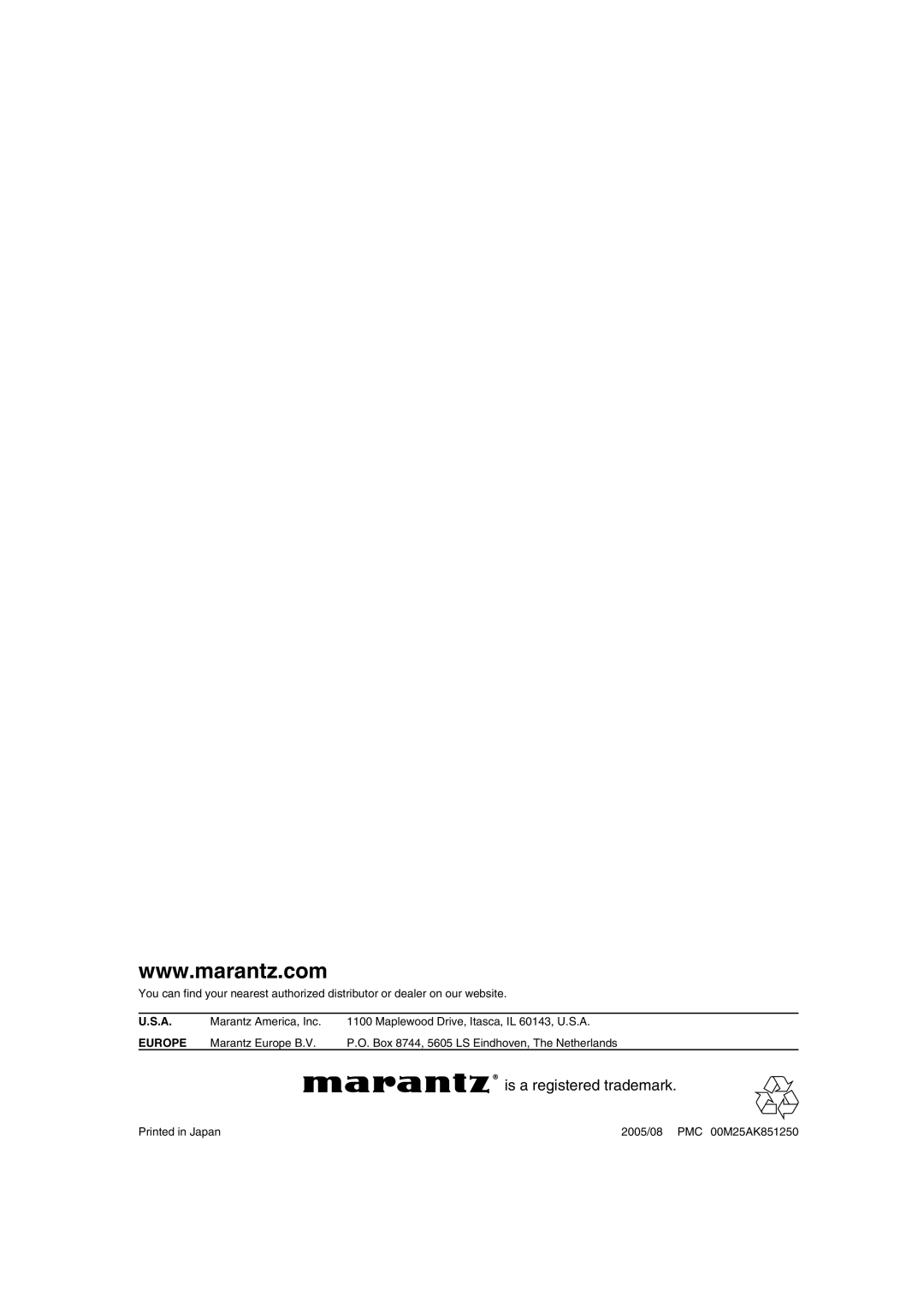 Marantz DV9600 manual is a registered trademark, Marantz America, Inc, Maplewood Drive, Itasca, IL 60143, U.S.A, Europe 