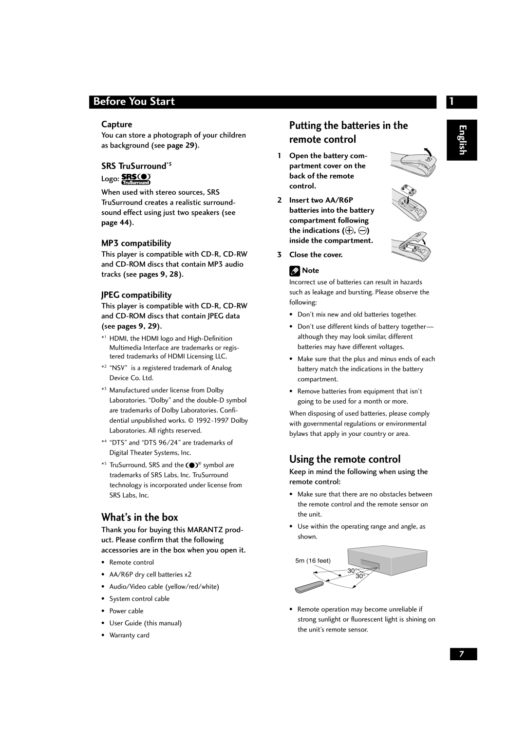 Marantz DV9600 What’s in the box, Putting the batteries in the, Using the remote control, Capture, SRS TruSurround*5 