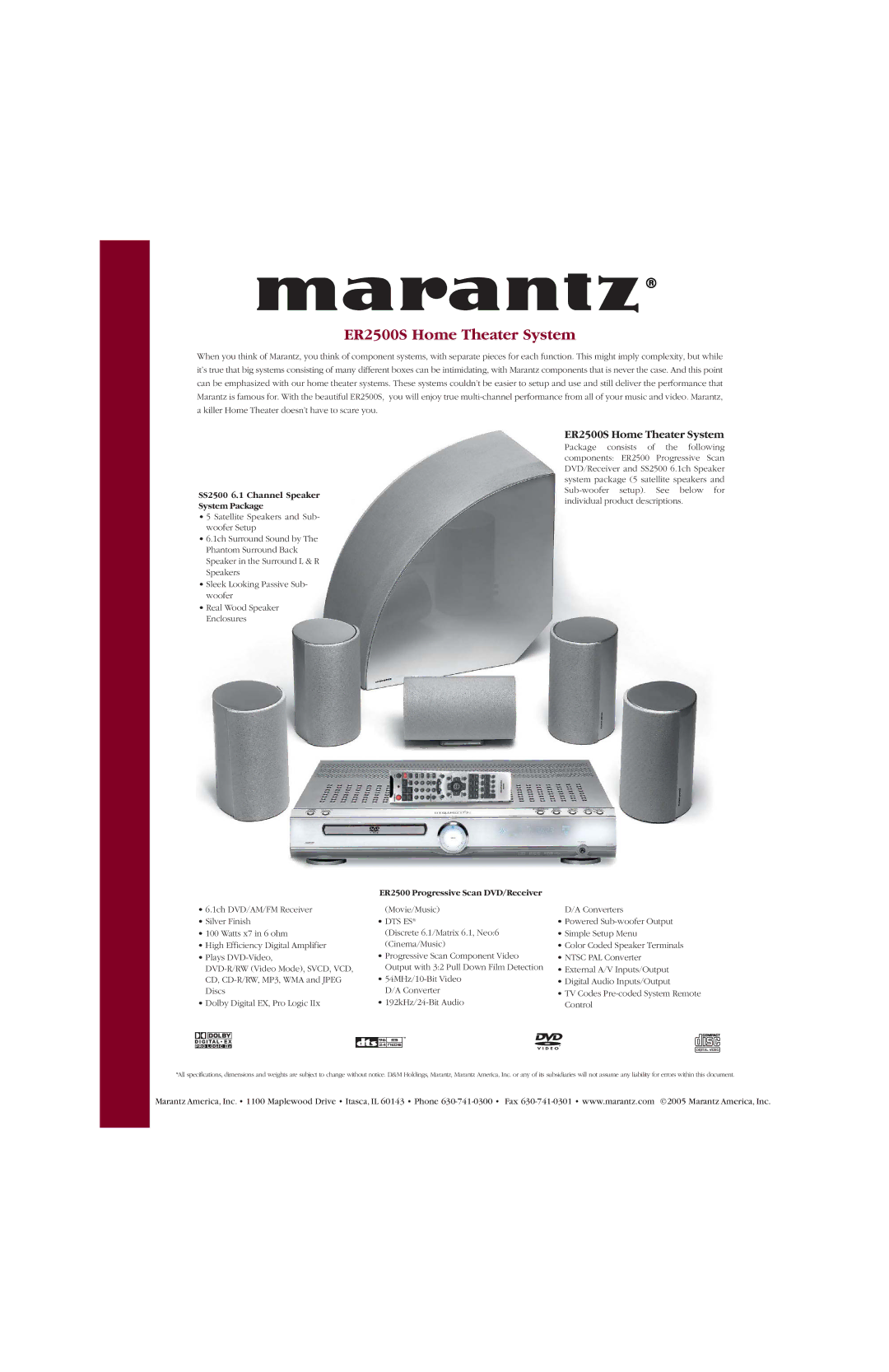 Marantz specifications ER2500S Home Theater System, SS2500 6.1 Channel Speaker System Package, Dts Es 