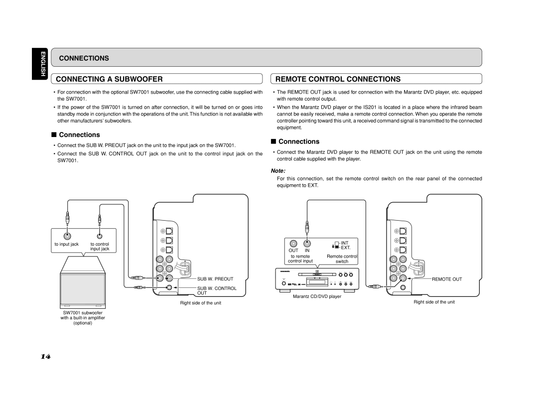 Marantz ES7001 manual Connecting a Subwoofer Remote Control Connections, SUB W. Preout SUB W. Control OUT 