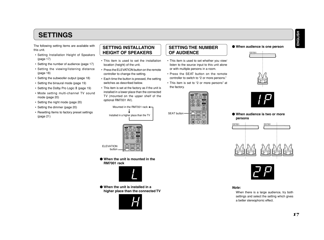 Marantz ES7001 manual Settings, Setting Installation Height of Speakers, Setting the Number of Audience 