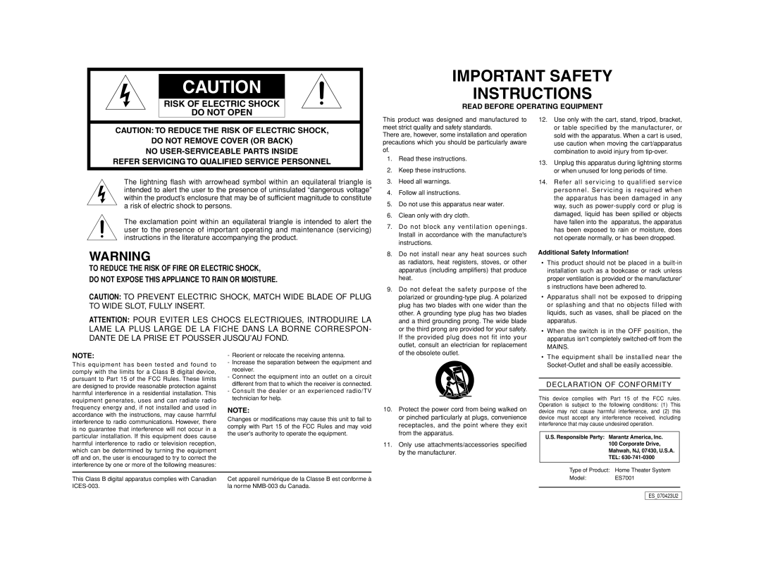 Marantz ES7001 manual Important Safety Instructions, Additional Safety Information 