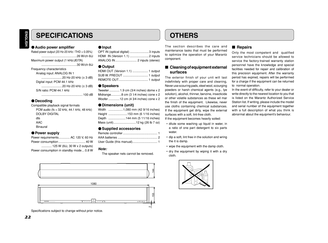 Marantz ES7001 manual Specifications, Others, Cleaning of equipment external surfaces, Repairs 