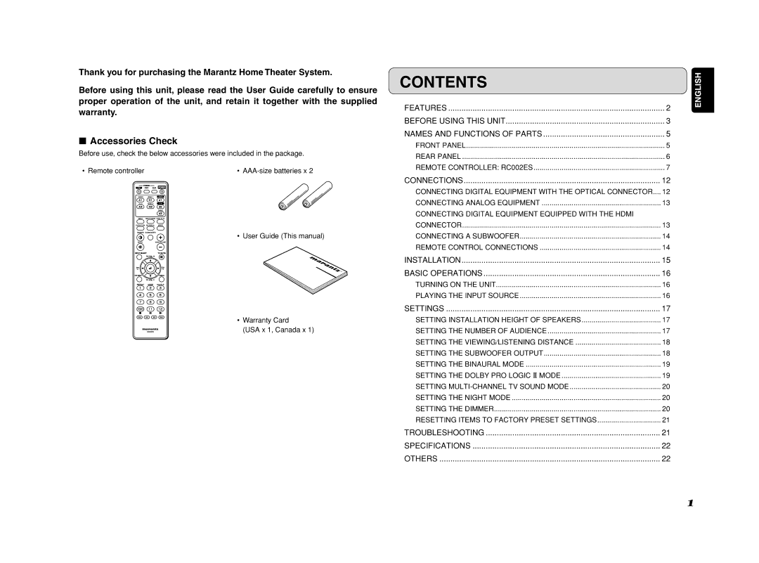 Marantz ES7001 manual Contents 