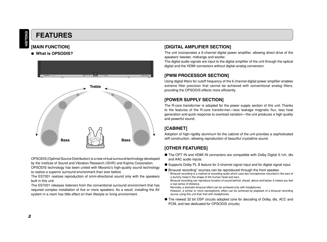 Marantz ES7001 manual Digital Amplifier Section, PWM Processor Section, Power Supply Section, Cabinet, Other Features 