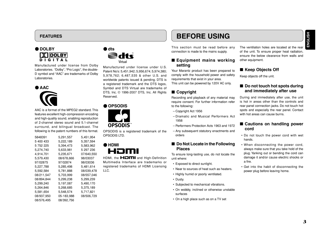 Marantz ES7001 manual Before Using 