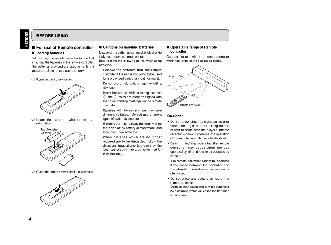 Marantz ES7001 manual Before Using, For use of Remote controller 