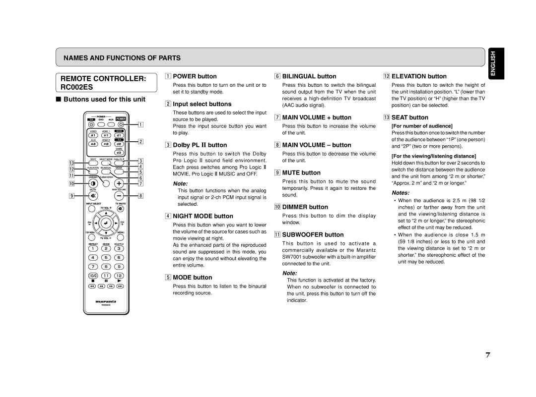 Marantz ES7001 manual Remote Controller, RC002ES, Buttons used for this unit 