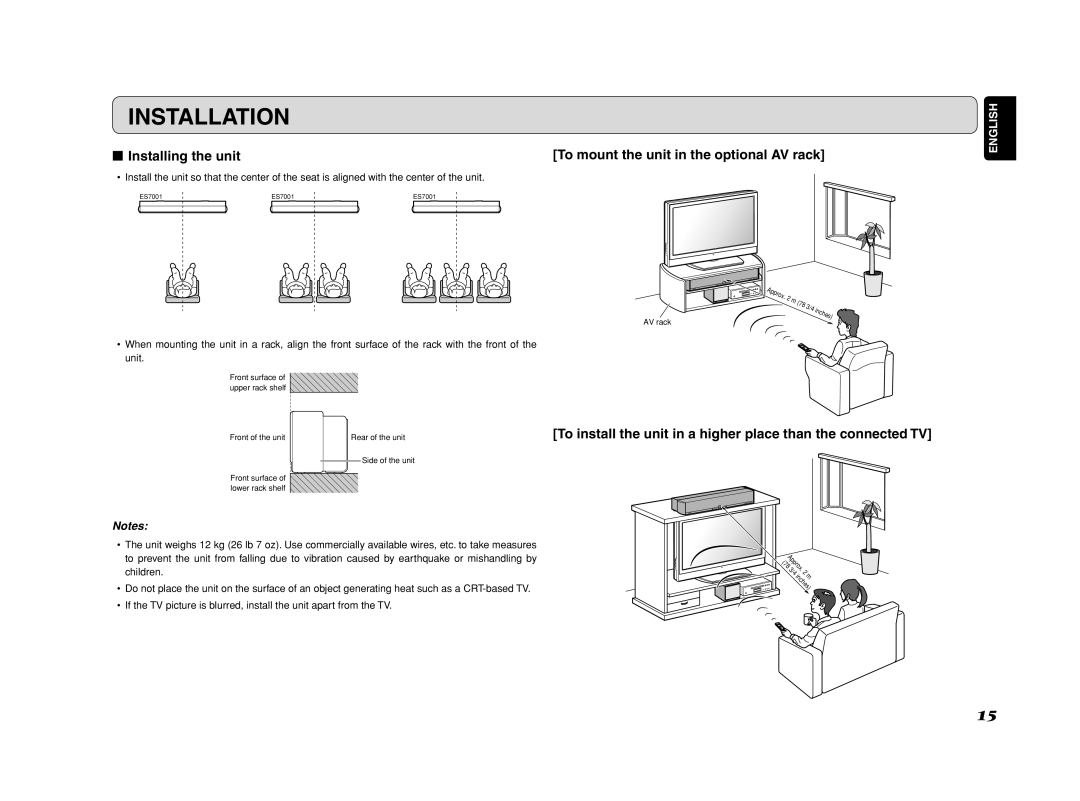 Marantz ES7001 manual Installation, 7Installing the unit, To mount the unit in the optional AV rack, English 