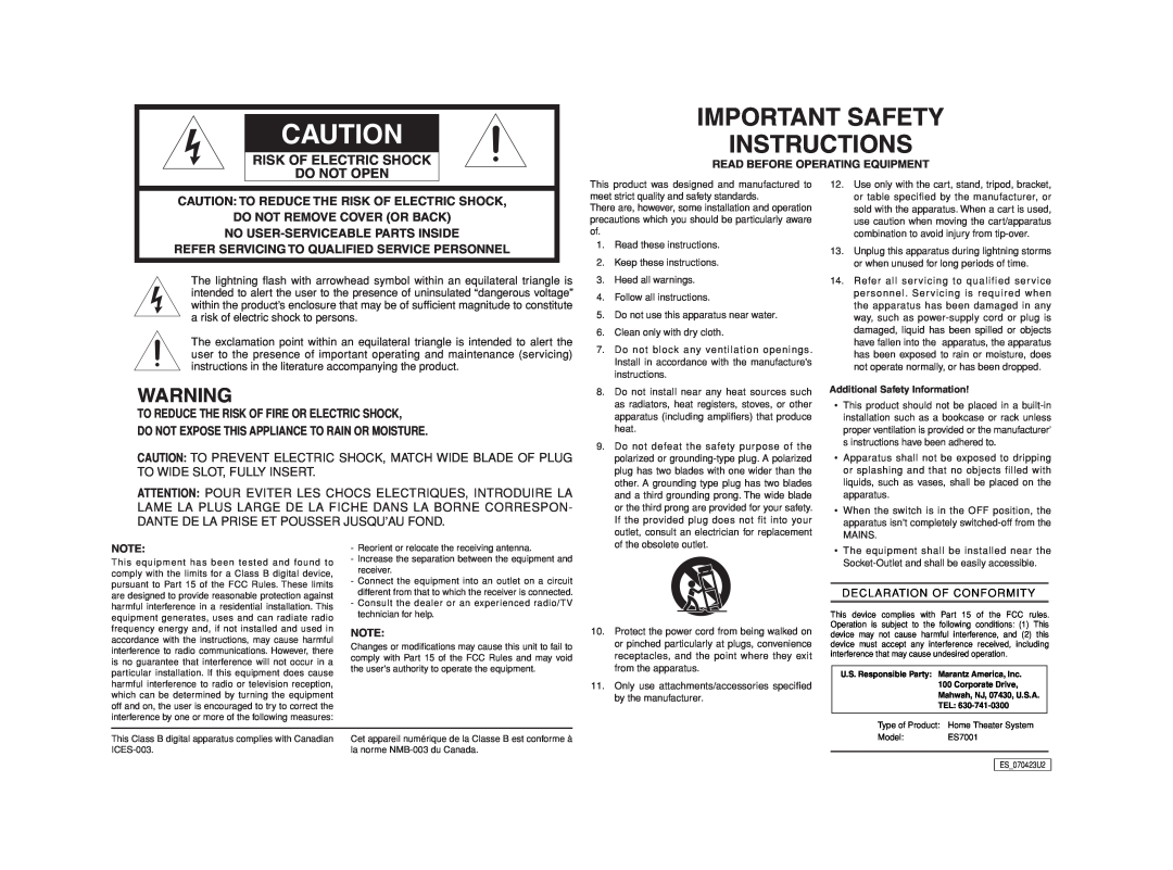 Marantz ES7001 manual Important Safety Instructions, Risk Of Electric Shock Do Not Open 