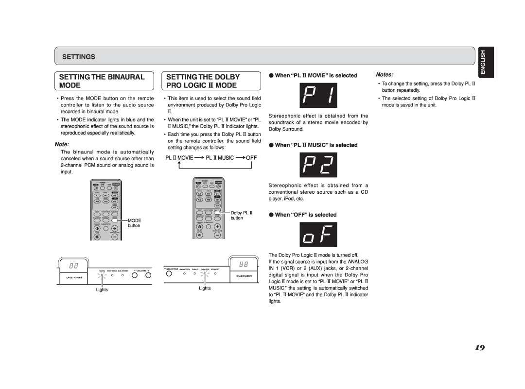 Marantz ES7001 manual Setting The Binaural Mode, Setting The Dolby Pro Logic Ii Mode, Settings, English 