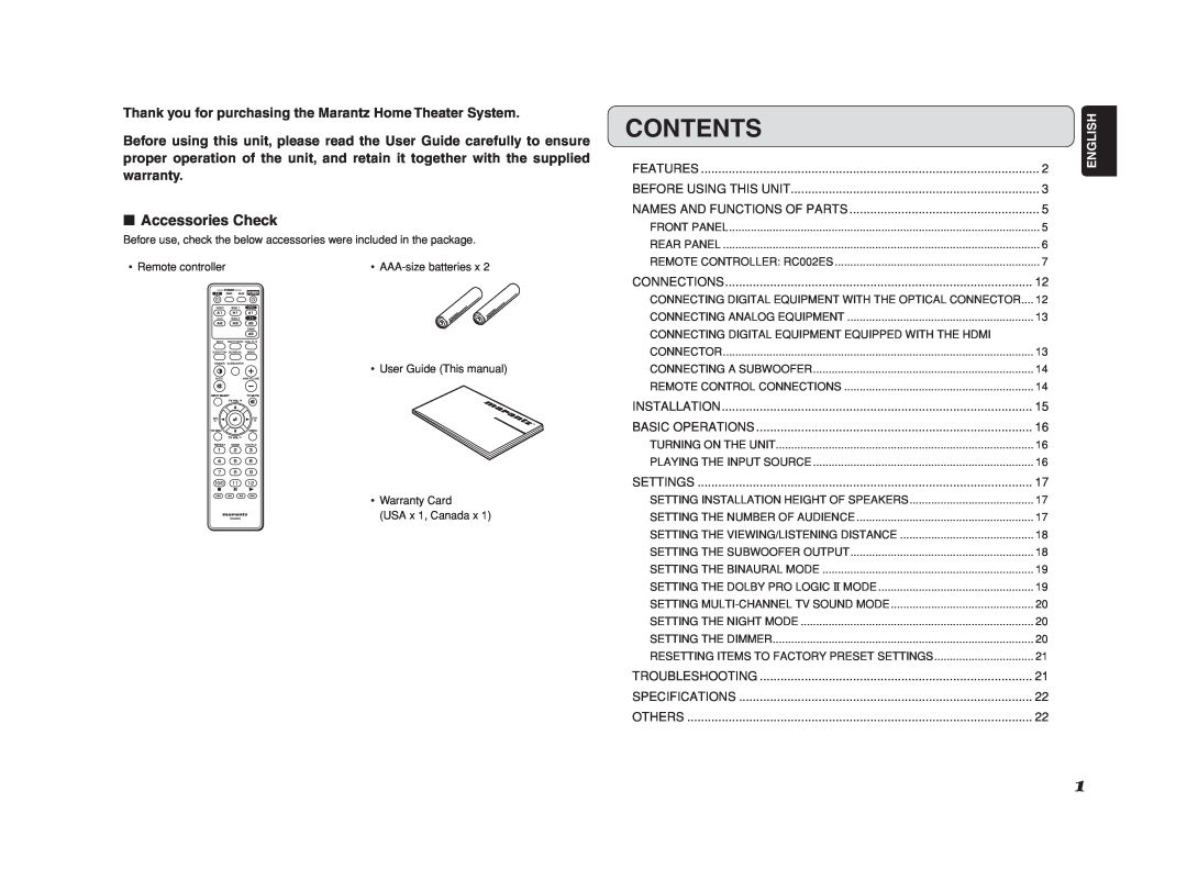 Marantz ES7001 manual Contents, 7Accessories Check 