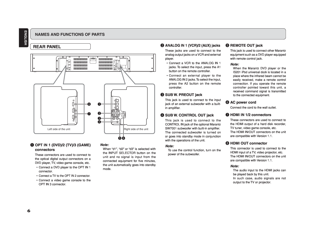 Marantz ES7001 manual Rear Panel, Names And Functions Of Parts, English, i q u w e r 