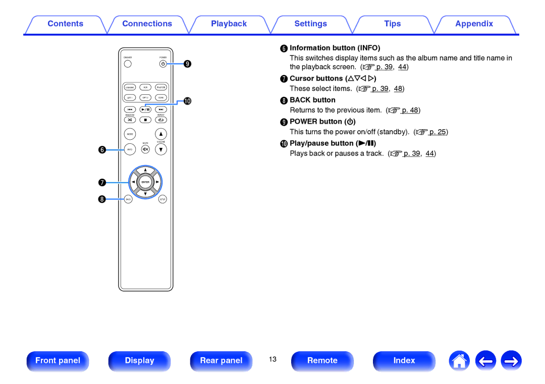 Marantz HD-DAC1 Information button Info, Cursor buttons uio p, Back button, Power button, Play/pause button 1/3 