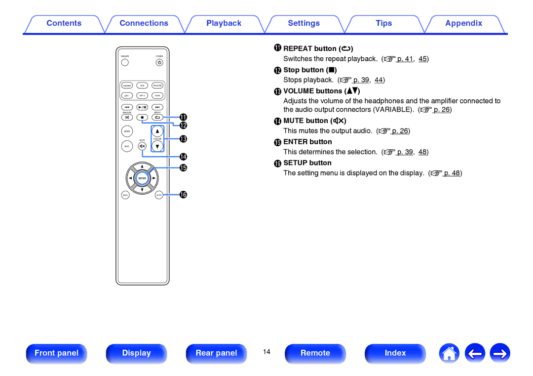 Marantz HD-DAC1 owner manual Repeat button L, Stop button, Volume buttons df, Mute button, Enter button 