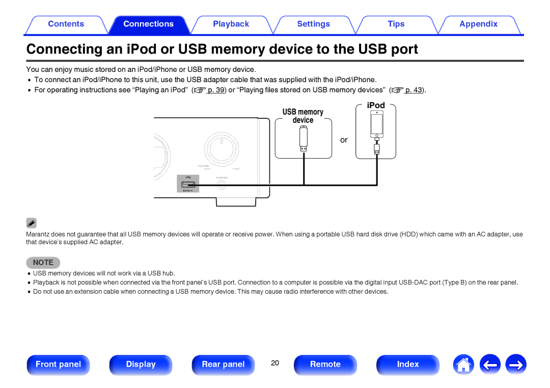 Marantz HD-DAC1 owner manual Connecting an iPod or USB memory device to the USB port, IPod 